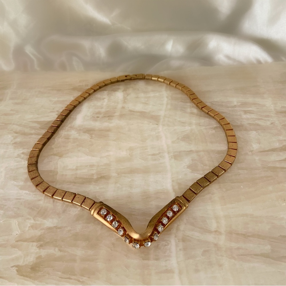 Vintage 70s gold statement necklace rhinestone cubic zirconia shield avant garde